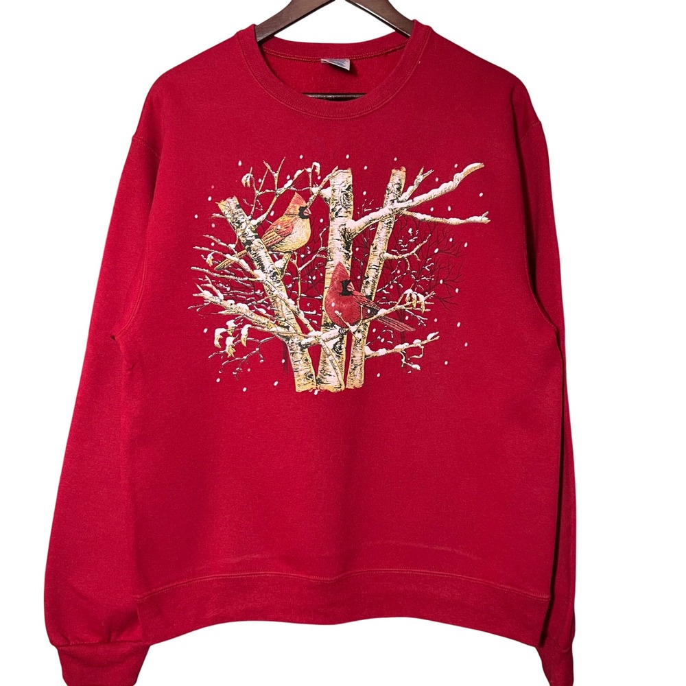Jerzees NuBlend Red Cardinal Winter Snow Graphic Sweatshirt Women's Medium - Picture 1 of 8